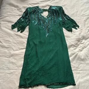 Vintage Green silk beaded dress cutout detail unique sleeve styling Size XL